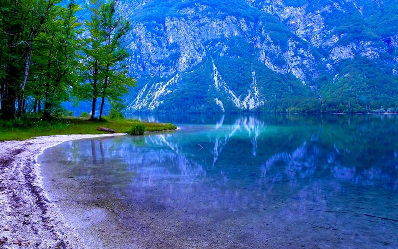 Mountain Lake Reflection — Blue, Serene, Morning, Photograph, Trees, Mountains, Shore