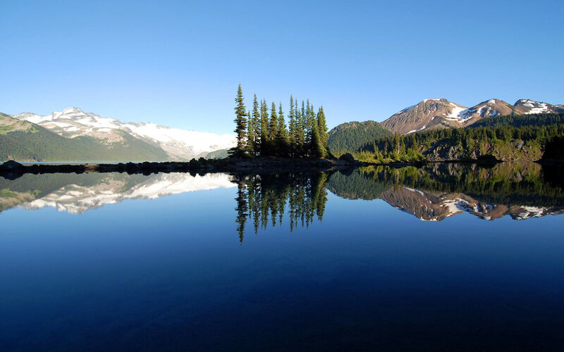 Mountain Lake Reflection — Blue, Serene, Morning, Photograph, Trees, Mountains, Snow
