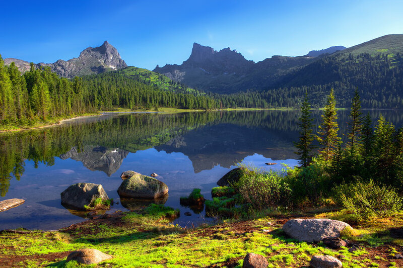 Mountain Lake Reflection — Blue, Serene, Morning, Photograph, Trees, Rocks, Mountains
