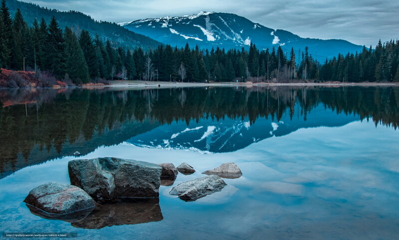 Mountain Lake Reflection — Blue, Serene, Morning, Photograph, Trees, Rocks, Snow, Green, Gray