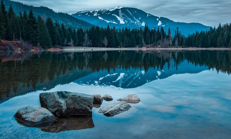 Mountain Lake Reflection — Blue, Serene, Morning, Photograph, Trees, Rocks, Snow