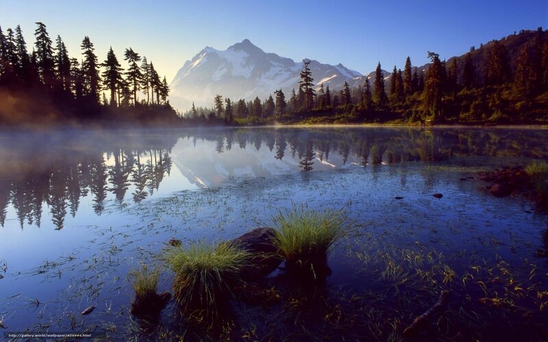 Mountain Lake Reflection — Blue, Serene, Morning, Photograph, Trees, Snow-capped Mountain