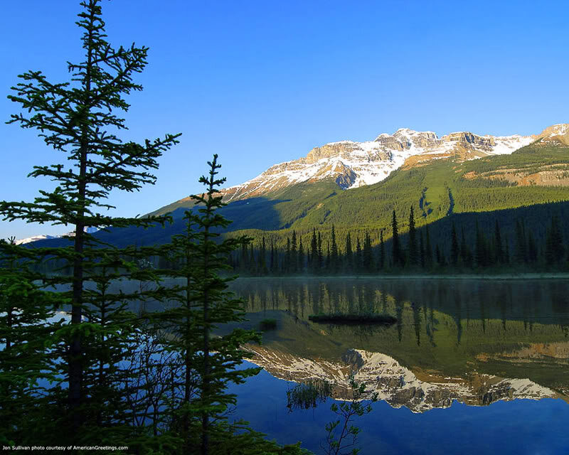 Mountain Lake Reflection — Blue, Serene, Morning, Photograph, Trees, Snow-capped Mountains
