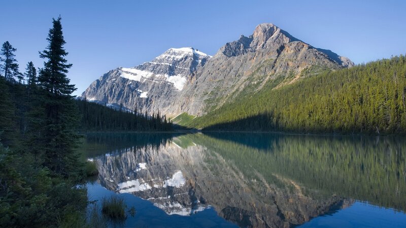 Mountain Lake Reflection — Blue, Serene, Morning, Photograph, Trees, Snow, Sky, Green