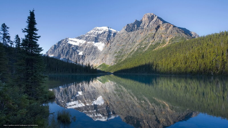 Mountain Lake Reflection — Blue, Serene, Morning, Photograph, Trees, Snow, Sky