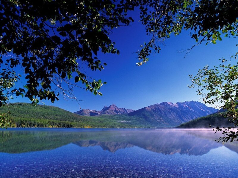 Mountain Lake Reflection — Blue, Serene, Morning, Photograph, Trees