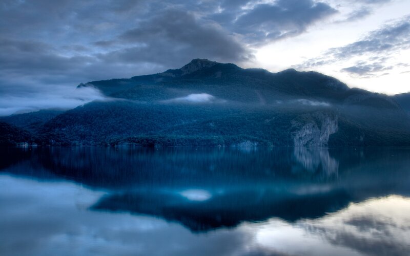 Mountain Lake Reflection — Blue, Serene, Morning