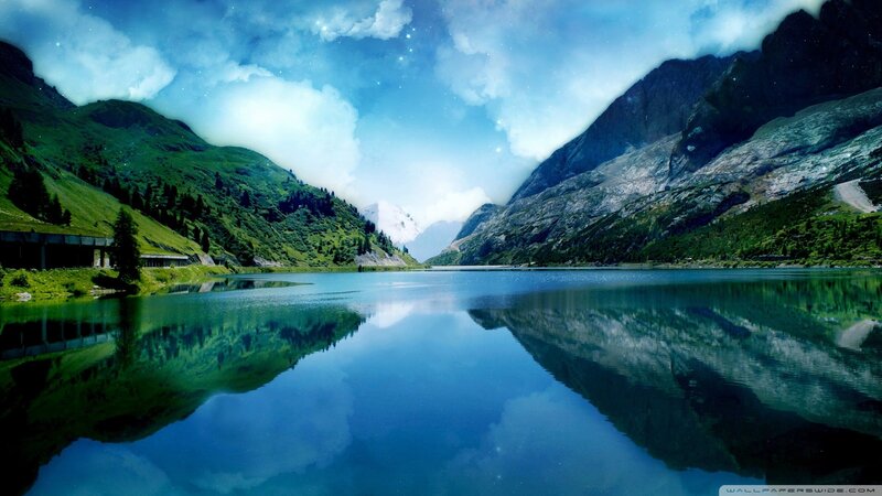 Mountain Lake Reflection — Blue, Serene, Night, Digital Art, Mountains