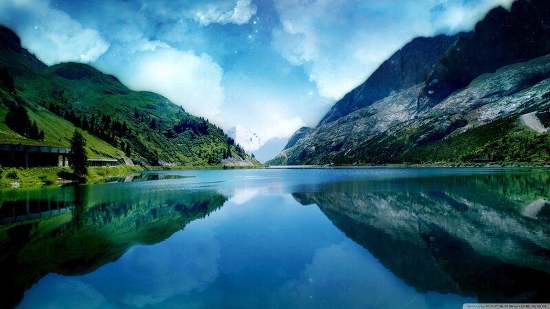 Mountain Lake Reflection — Blue, Serene, Night, Digital Art