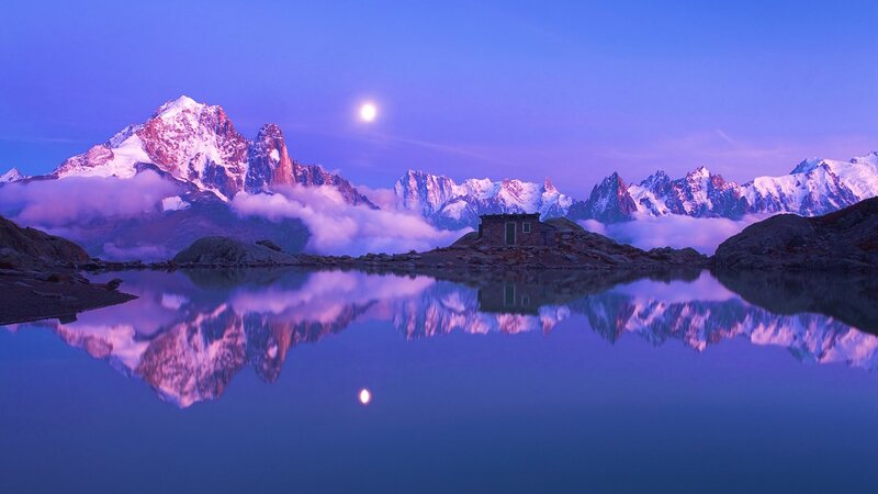 Mountain Lake Reflection — Blue, Serene, Night, Photograph, Moon