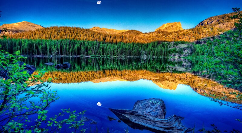 Mountain Lake Reflection — Blue, Serene, Night, Photograph, Moon, Trees