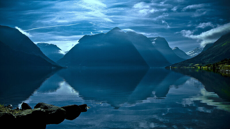 Mountain Lake Reflection — Blue, Serene, Night, Photograph, Mountains, Clouds