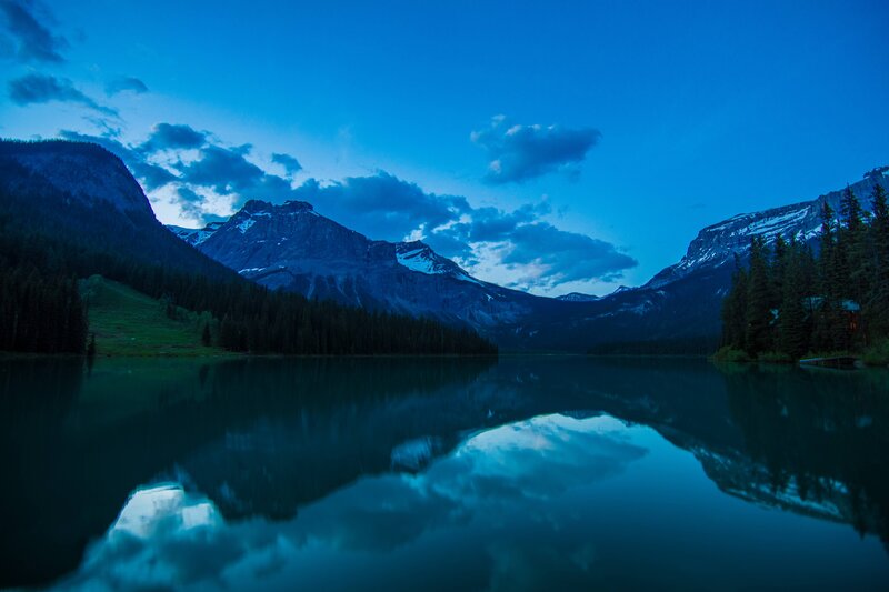 Mountain Lake Reflection — Blue, Serene, Night, Photograph, Mountains, Trees