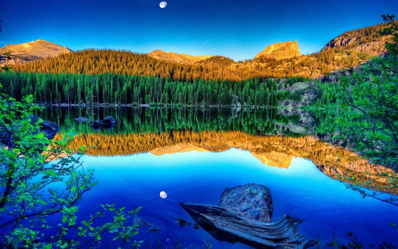 Mountain Lake Reflection — Blue, Serene, Night