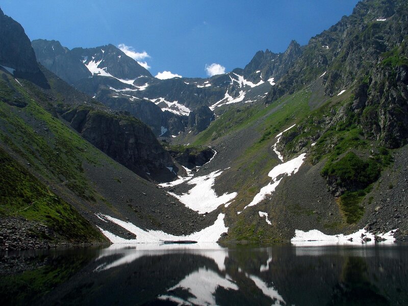 Mountain Lake Reflection — Blue, Serene, Summer, Photograph, Mountains, Snow
