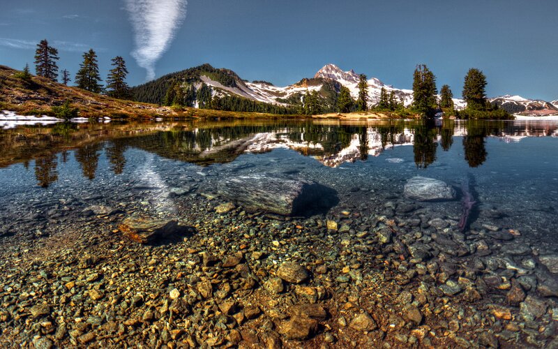 Mountain Lake Reflection — Blue, Serene, Summer, Photograph, Mountains