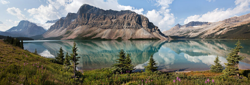 Mountain Lake Reflection — Blue, Serene, Summer, Photograph, Mountains, Trees, Flowers