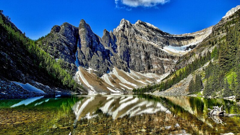 Mountain Lake Reflection — Blue, Serene, Summer, Photograph, Mountains, Trees