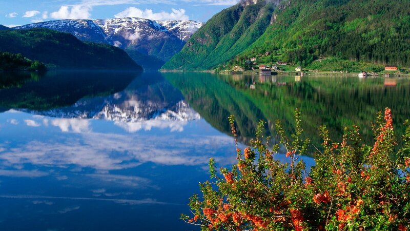 Mountain Lake Reflection — Blue, Serene, Summer, Photograph, Snow-capped Mountains, Green Hills
