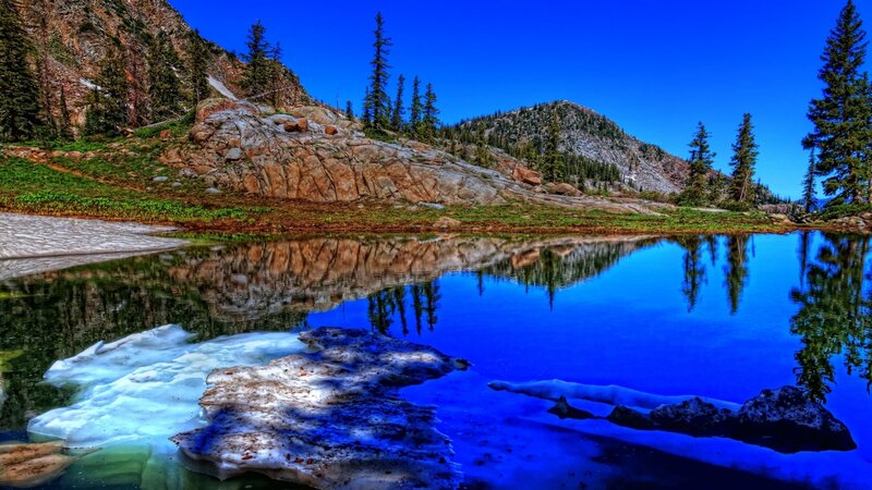 Mountain Lake Reflection — Blue, Serene, Summer, Photograph, Trees, Rocks, Snow