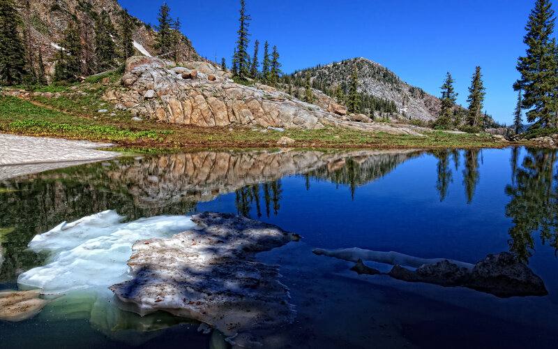 Mountain Lake Reflection — Blue, Serene, Summer, Photograph, Trees, Rocks