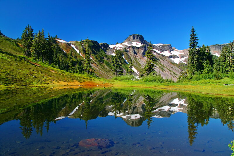 Mountain Lake Reflection — Blue, Serene, Summer, Photograph, Trees, Snow