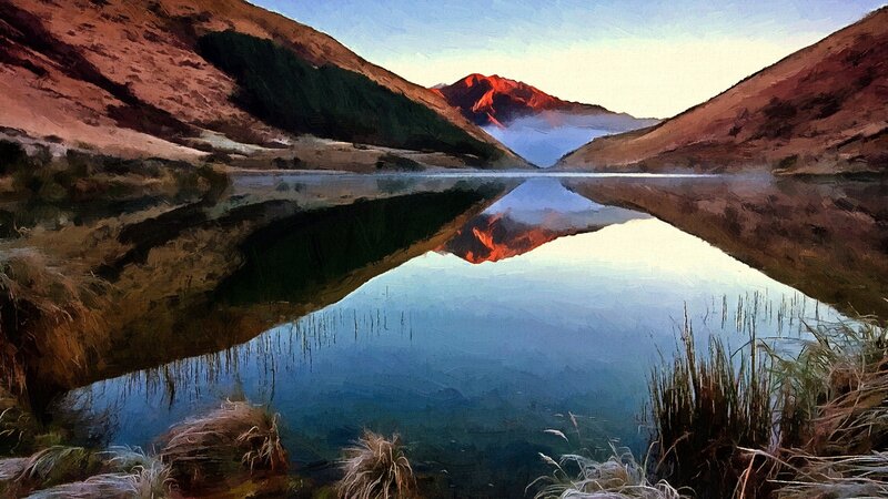Mountain Lake Reflection — Blue, Serene, Sunrise, Painting