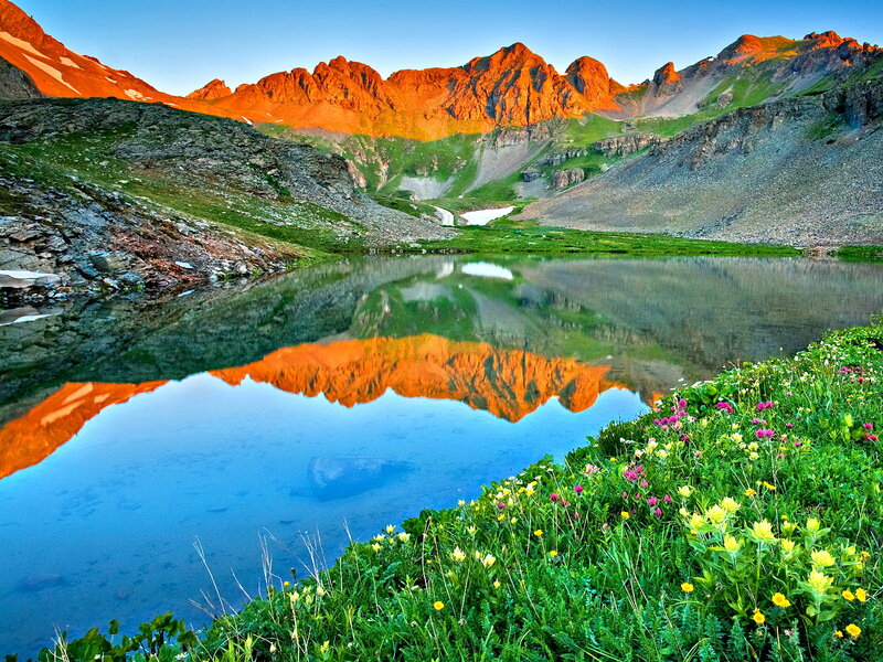Mountain Lake Reflection — Blue, Serene, Sunrise, Photograph, Mountains, Flowers
