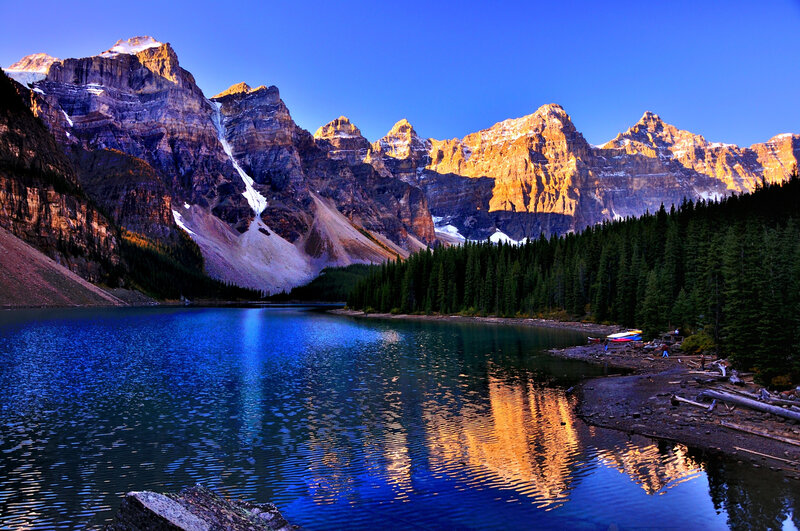 Mountain Lake Reflection — Blue, Serene, Sunrise, Photograph, Mountains, Forest, Canoes