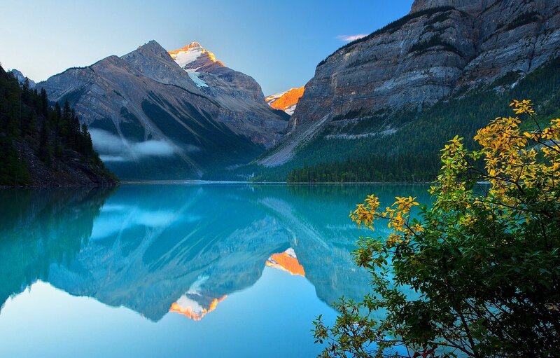 Mountain Lake Reflection — Blue, Serene, Sunrise, Photograph, Mountains, Forest, Clouds