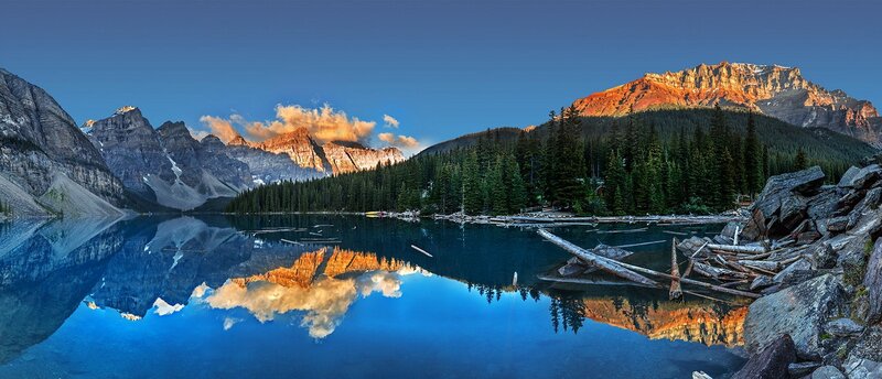 Mountain Lake Reflection — Blue, Serene, Sunrise, Photograph, Mountains, Forest, Driftwood