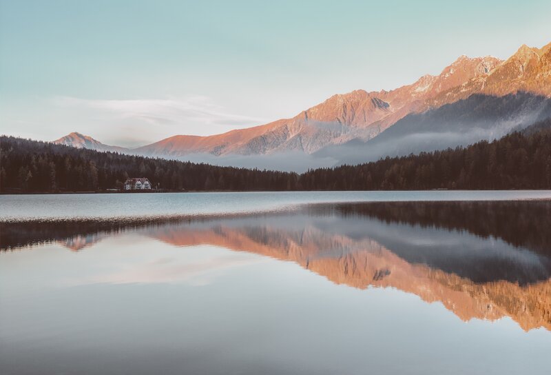 Mountain Lake Reflection — Blue, Serene, Sunrise, Photograph, Mountains, Forest, House