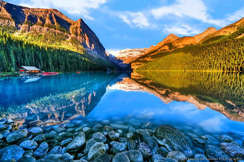 Mountain Lake Reflection — Blue, Serene, Sunrise, Photograph, Mountains