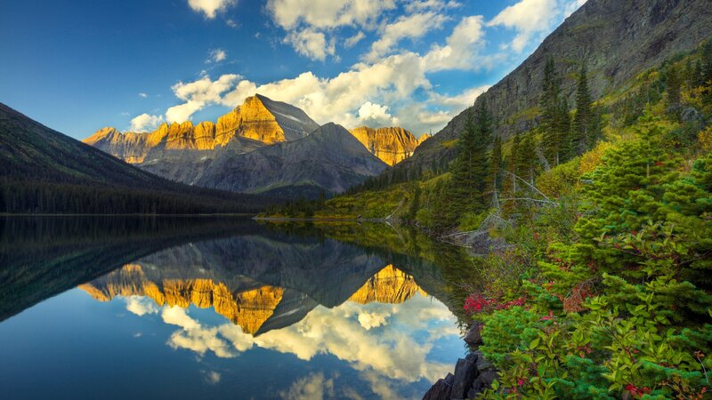 Mountain Lake Reflection — Blue, Serene, Sunrise, Photograph, Mountains, Trees, Clouds, Green, Yellow