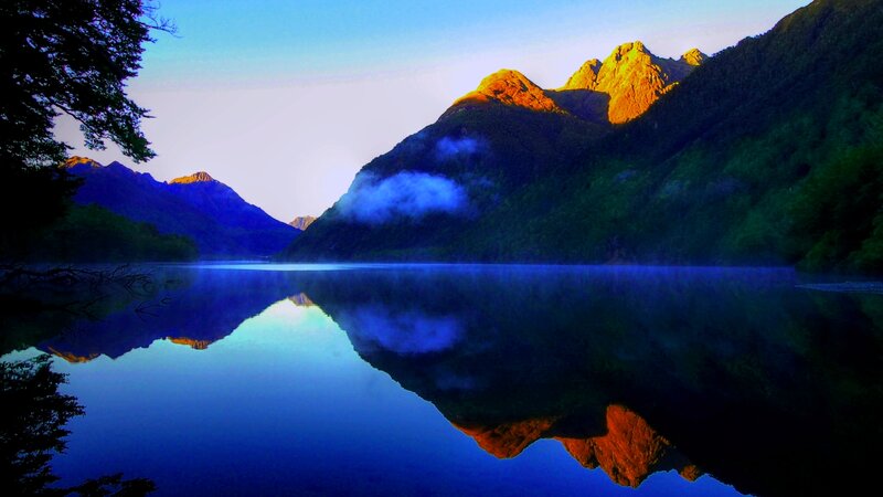 Mountain Lake Reflection — Blue, Serene, Sunrise, Photograph, Mountains, Trees, Clouds