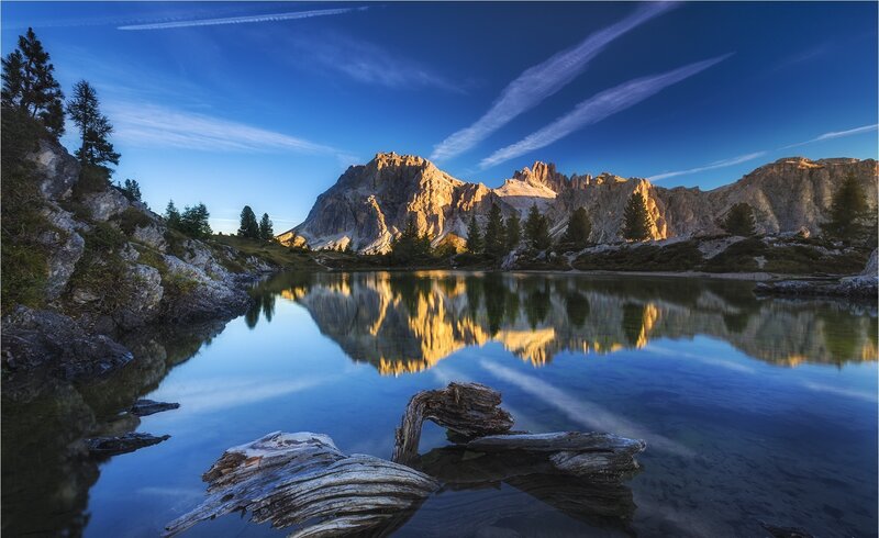 Mountain Lake Reflection — Blue, Serene, Sunrise, Photograph, Mountains, Trees, Driftwood