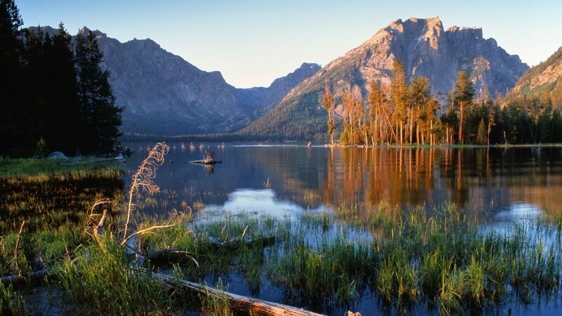 Mountain Lake Reflection — Blue, Serene, Sunrise, Photograph, Mountains, Trees, Green
