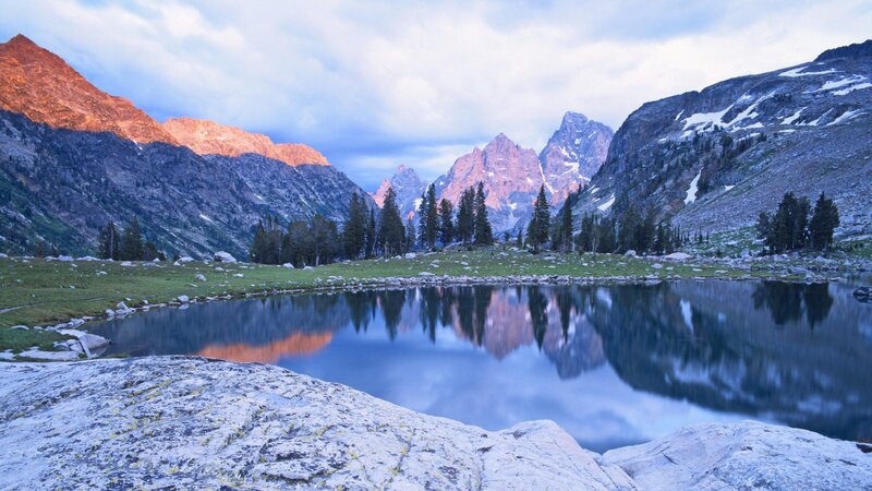 Mountain Lake Reflection — Blue, Serene, Sunrise, Photograph, Mountains, Trees, Sky