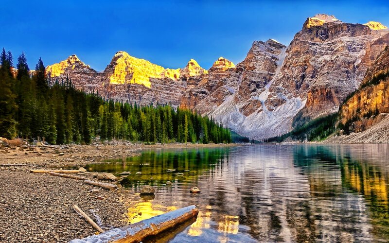 Mountain Lake Reflection — Blue, Serene, Sunrise, Photograph, Pine Trees