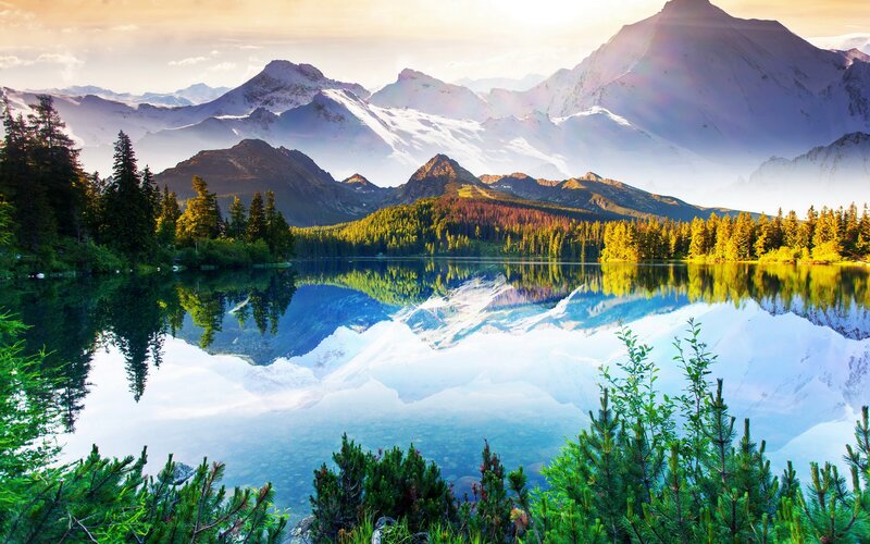 Mountain Lake Reflection — Blue, Serene, Sunrise, Photograph, Snow-capped Mountains