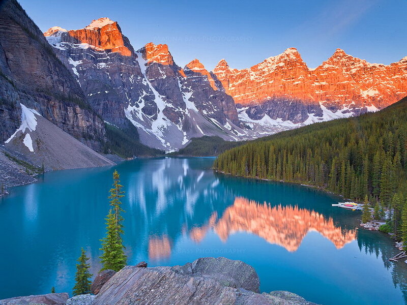 Mountain Lake Reflection — Blue, Serene, Sunrise, Photograph