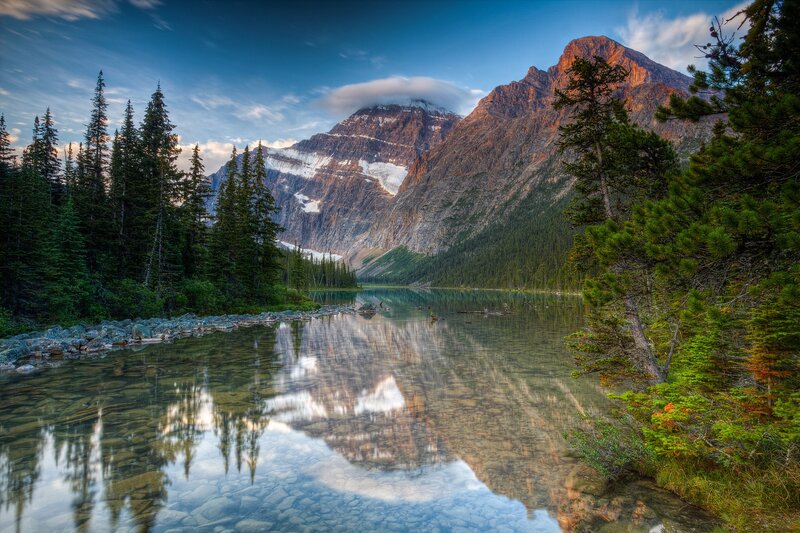 Mountain Lake Reflection — Blue, Serene, Sunrise, Photograph, Trees, Mountains, Clouds