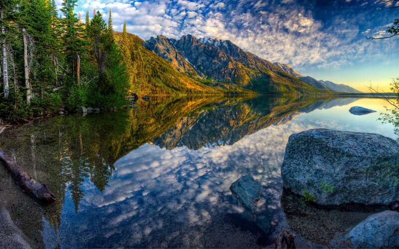 Mountain Lake Reflection — Blue, Serene, Sunrise, Photograph, Trees, Rocks