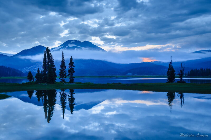 Mountain Lake Reflection — Blue, Serene, Sunrise, Photograph, Trees