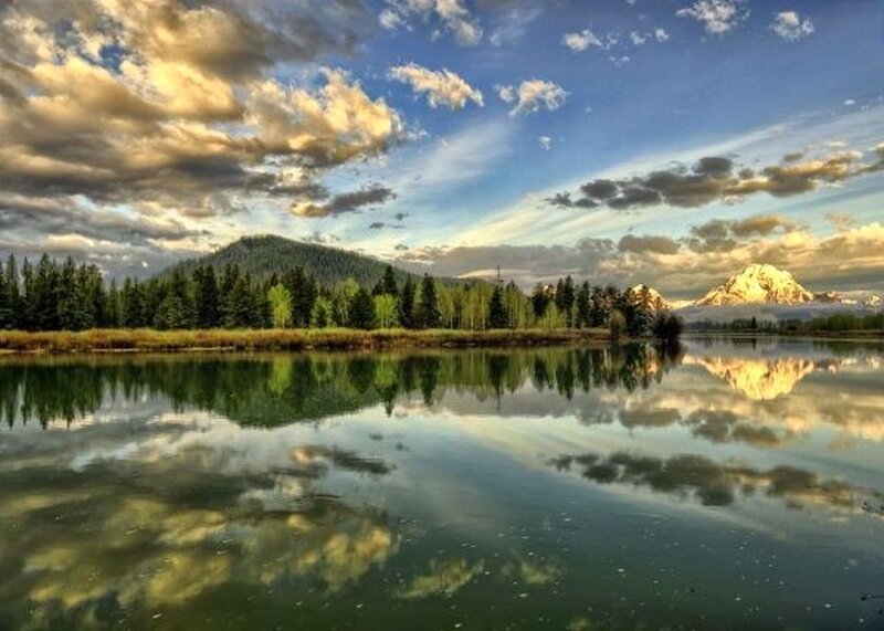 Mountain Lake Reflection — Blue, Serene, Sunset, Photograph, Clouds