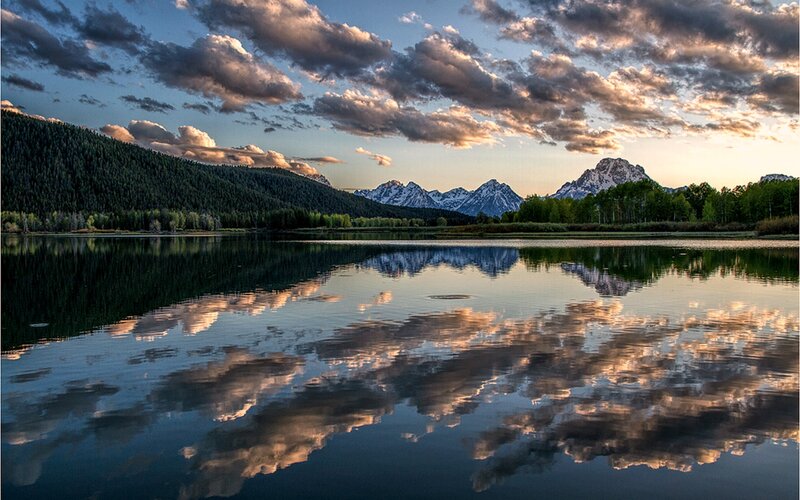 Mountain Lake Reflection — Blue, Serene, Sunset, Photograph, Clouds, Trees