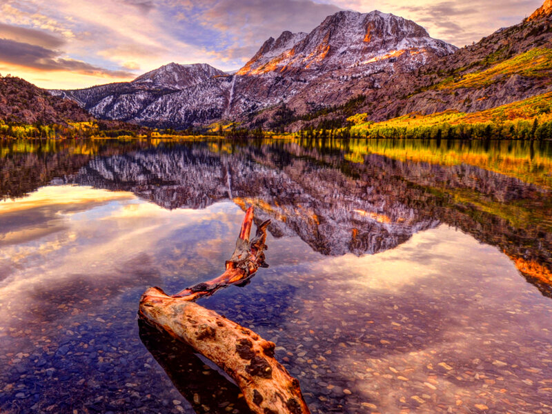 Mountain Lake Reflection — Blue, Serene, Sunset, Photograph, Driftwood