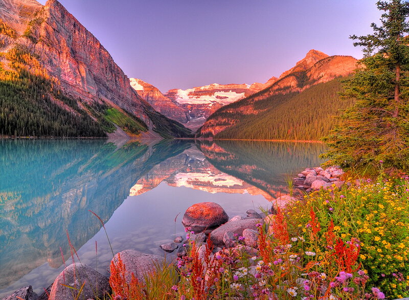 Mountain Lake Reflection — Blue, Serene, Sunset, Photograph, Flowers, Rocks