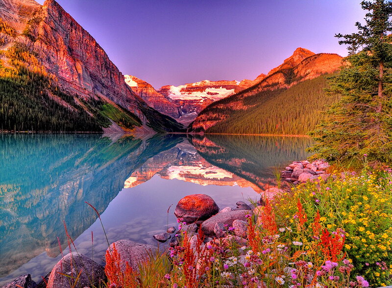 Mountain Lake Reflection — Blue, Serene, Sunset, Photograph, Flowers