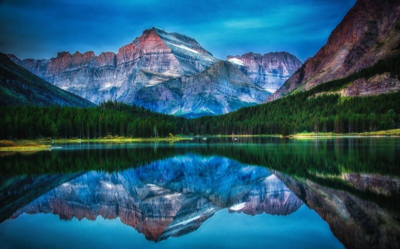 Mountain Lake Reflection — Blue, Serene, Sunset, Photograph, Forest, Mountains, Sky
